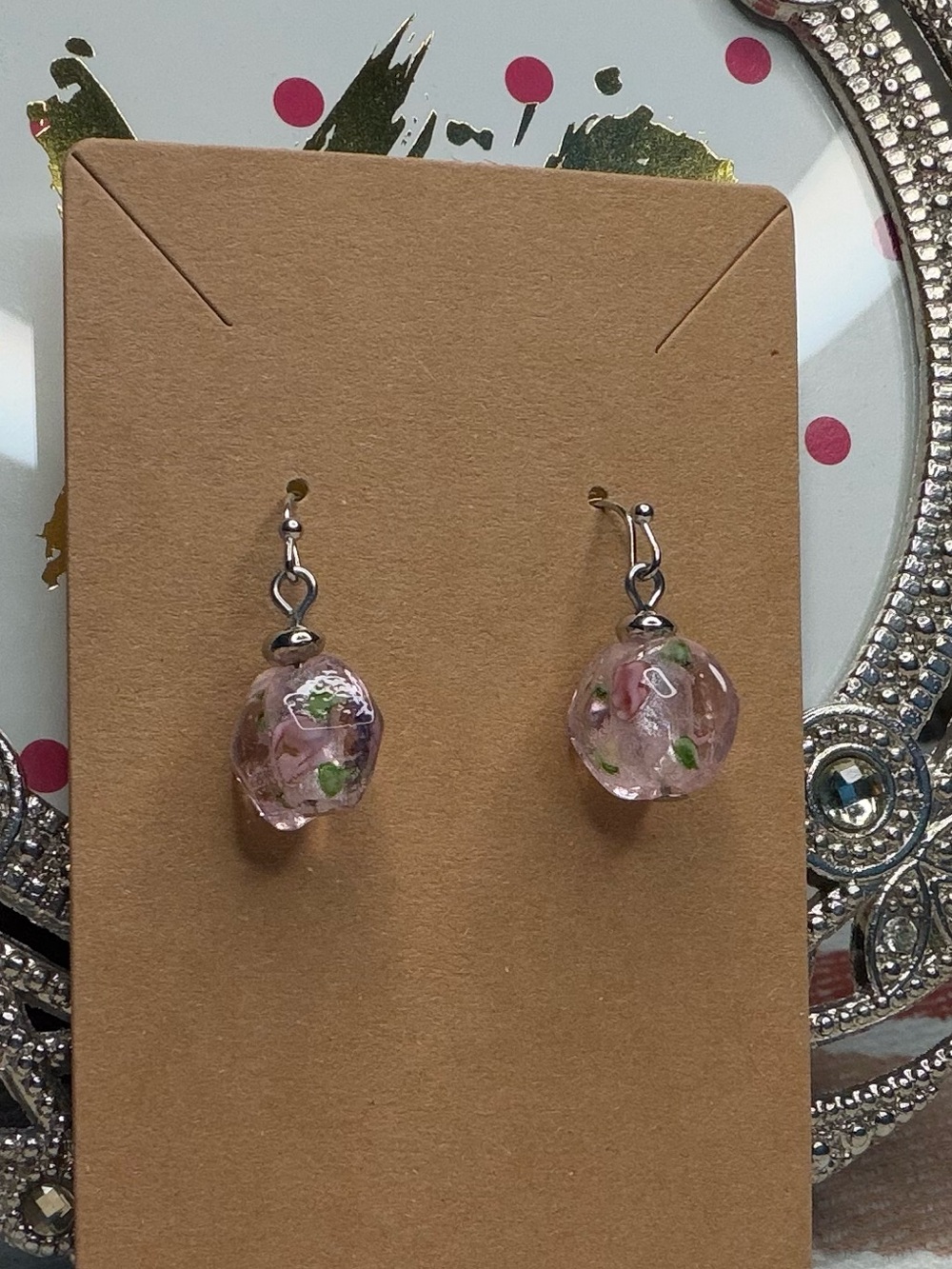Artisan Pink Floral Lampwork Art Glass Drop Earrings Murano Style Dainty EUC